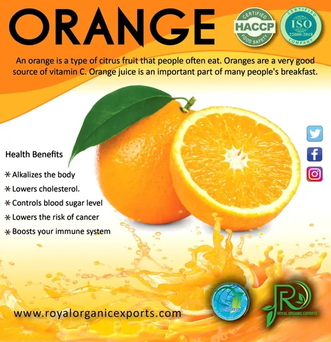 Orange information artwork for Royal Organic Exports